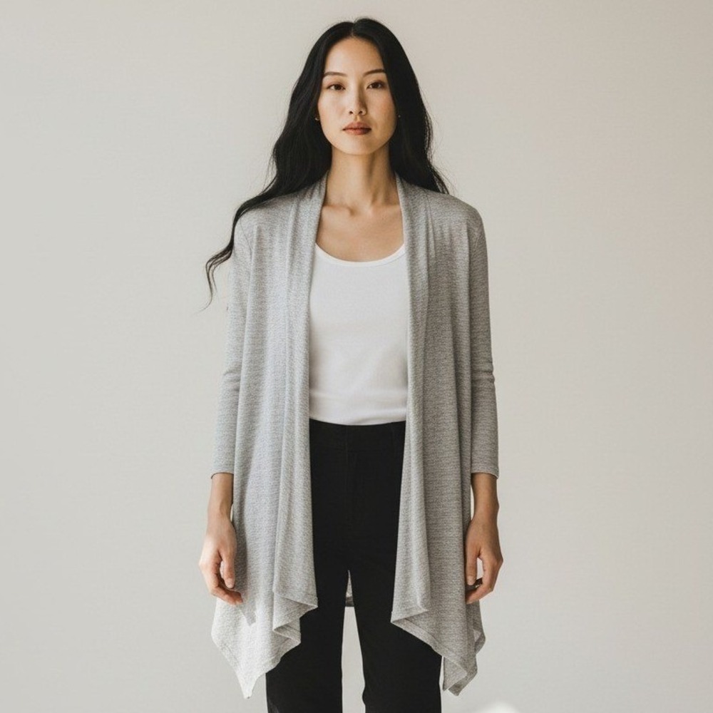 Kasper Silver Space Dye Open Front Draped Cardigan Petite Large 3/4 Sleeve